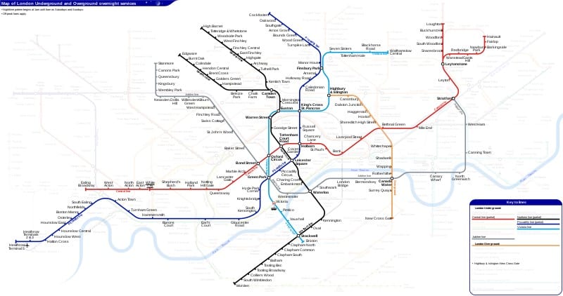 London Underground Overground DLR Crossrail Night Map