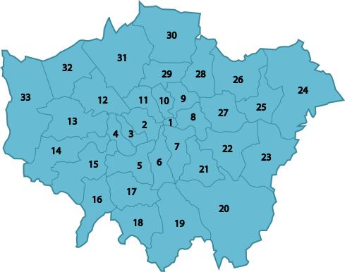 Numbered map of the boroughs of London