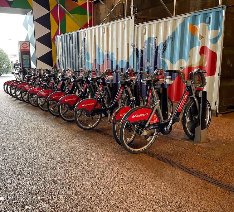 A line of Santander Hire Bikes in Battersea Power Station